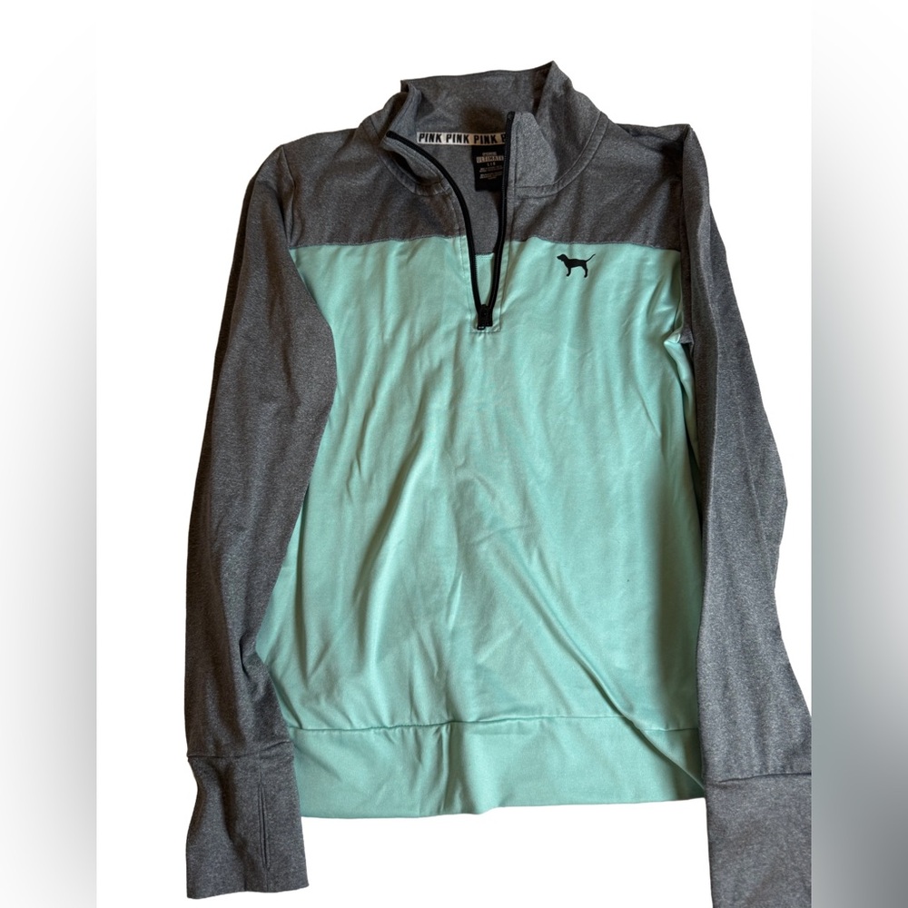 PINK Victoria's Secret Aqua and Gray Quarter-Zip Sweatshirt